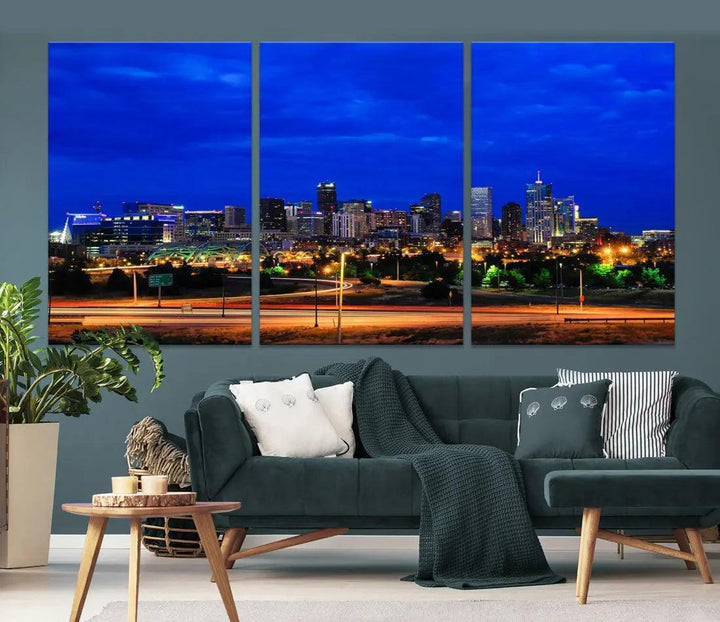 Dallas City Lights Night Blue Skyline Art Canvas Print Modern Home Decor