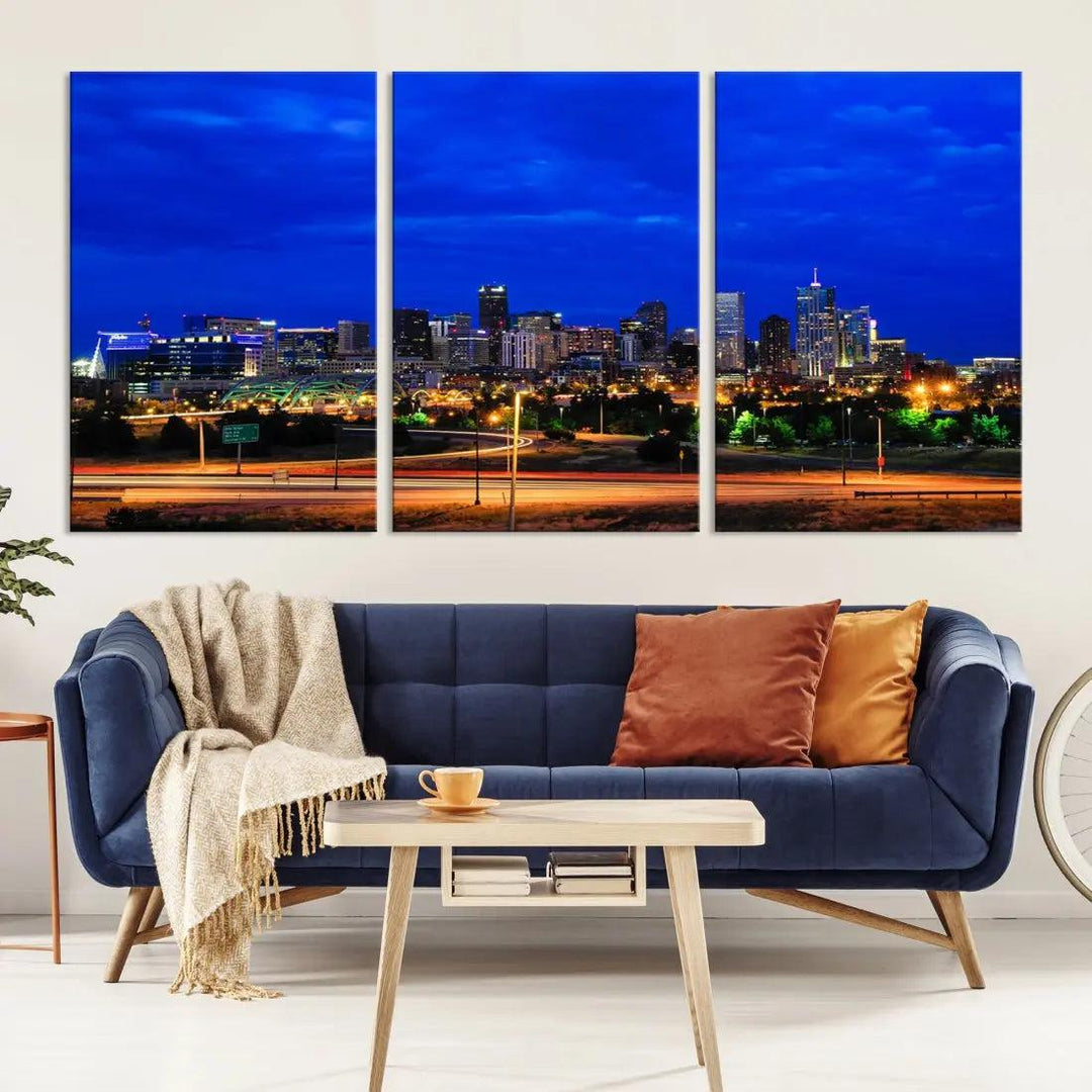 Dallas City Lights Night Blue Skyline Art Canvas Print Modern Home Decor