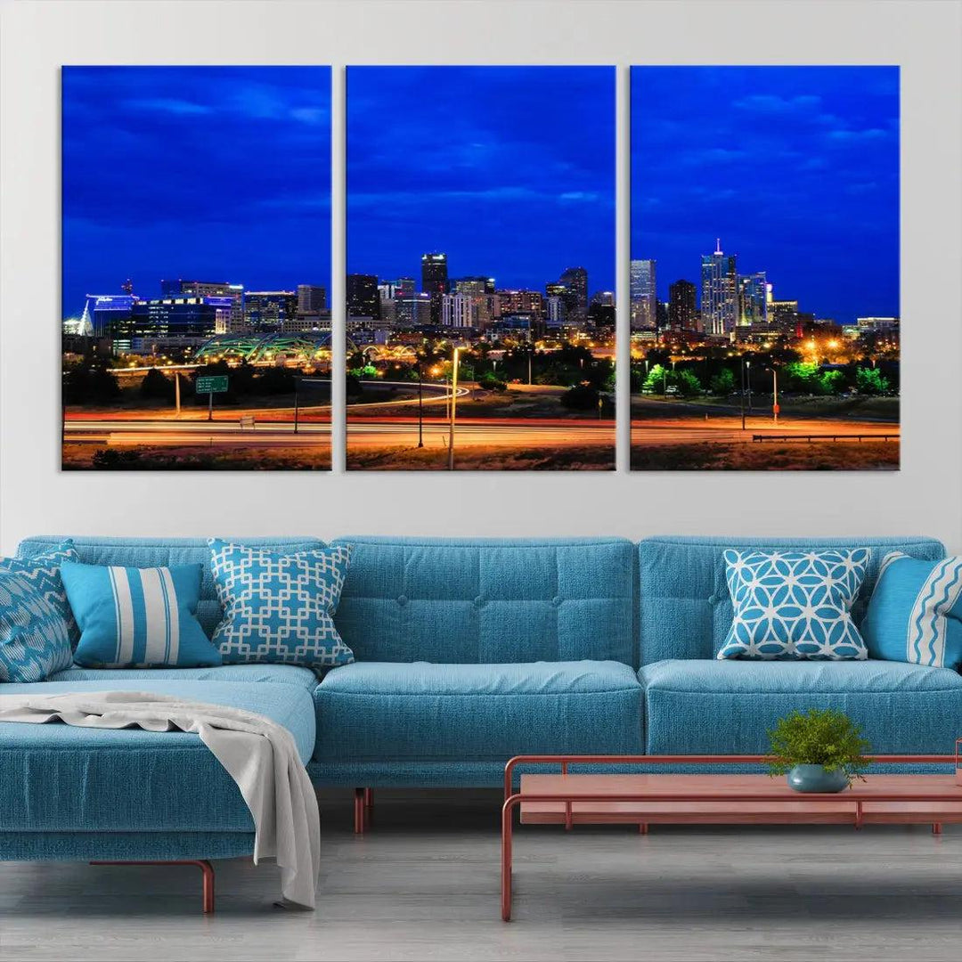 Dallas City Lights Night Blue Skyline Art Canvas Print Modern Home Decor