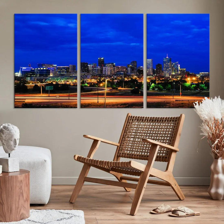 Dallas City Lights Night Blue Skyline Art Canvas Print Modern Home Decor