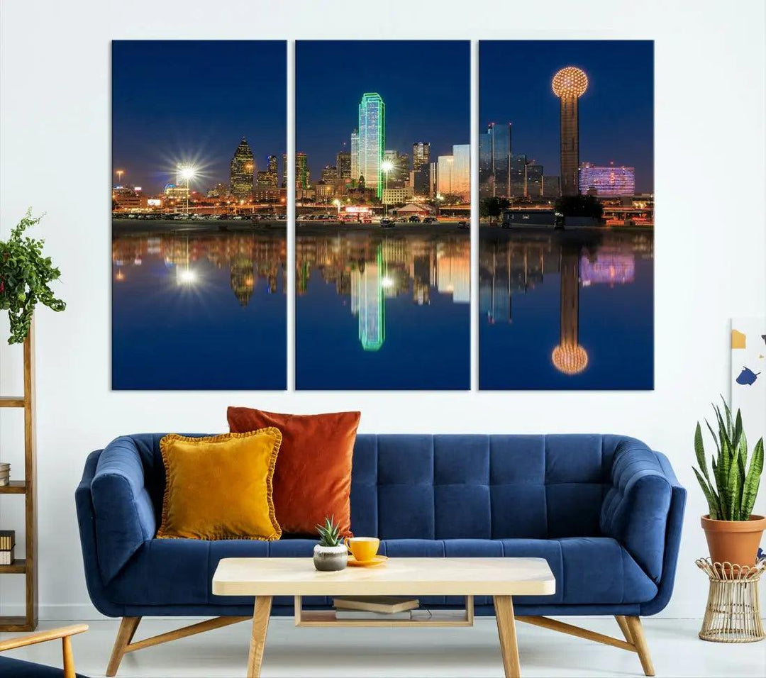 Dallas City Lights Reflections Night Skyline Cityscape Wall Art Canvas Print