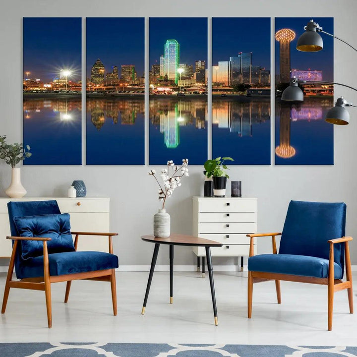 Dallas City Lights Reflections Night Skyline Cityscape Wall Art Canvas Print