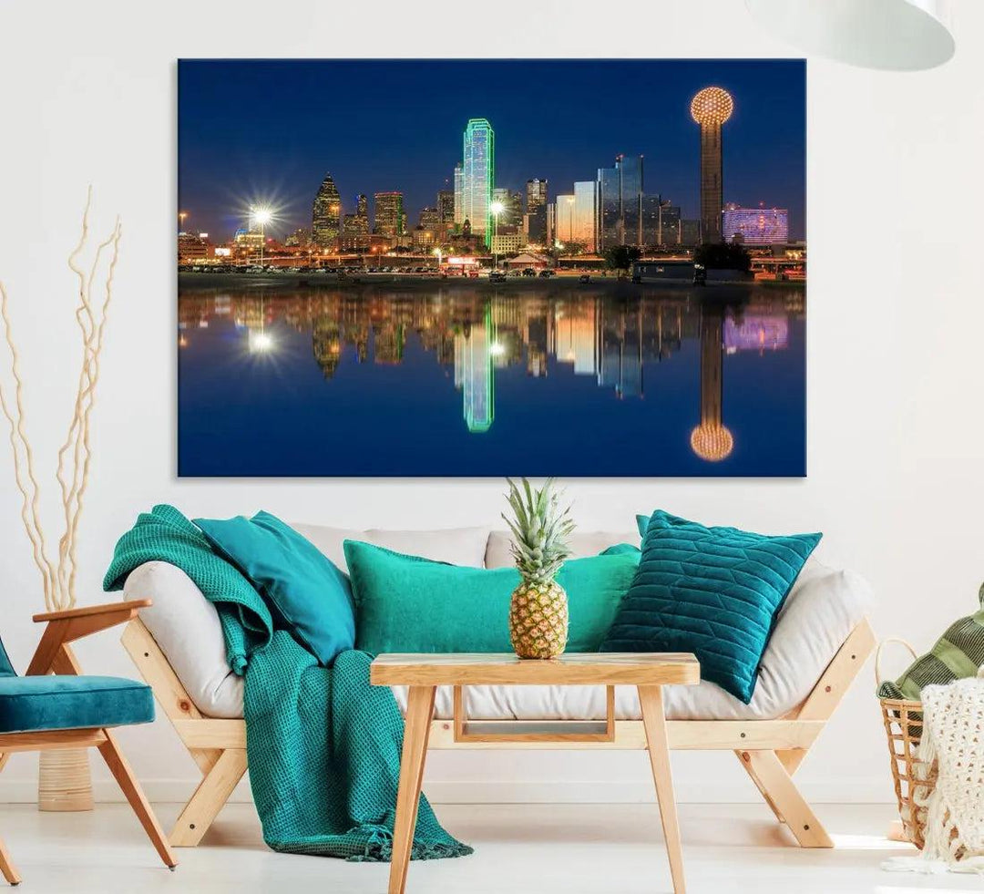 Dallas City Lights Reflections Night Skyline Cityscape Wall Art Canvas Print