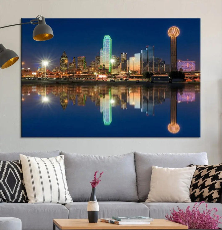 Dallas City Lights Reflections Night Skyline Cityscape Wall Art Canvas Print