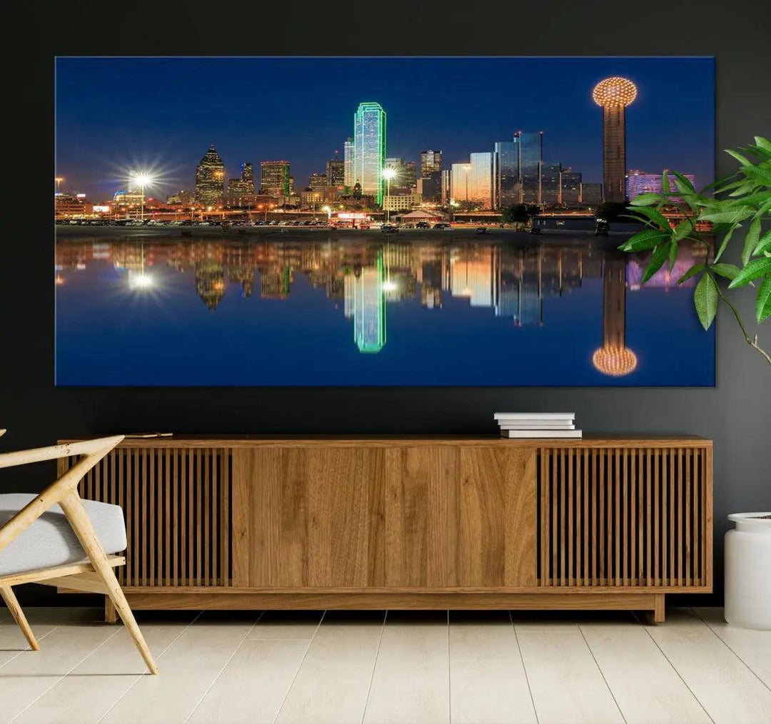 Dallas City Lights Reflections Night Skyline Cityscape Wall Art Canvas Print