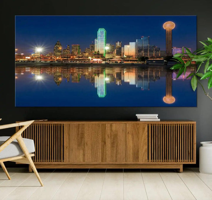 Dallas City Lights Reflections Night Skyline Cityscape Wall Art Canvas Print