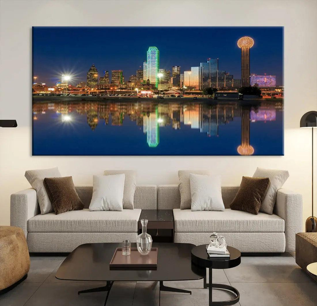 Dallas City Lights Reflections Night Skyline Cityscape Wall Art Canvas Print