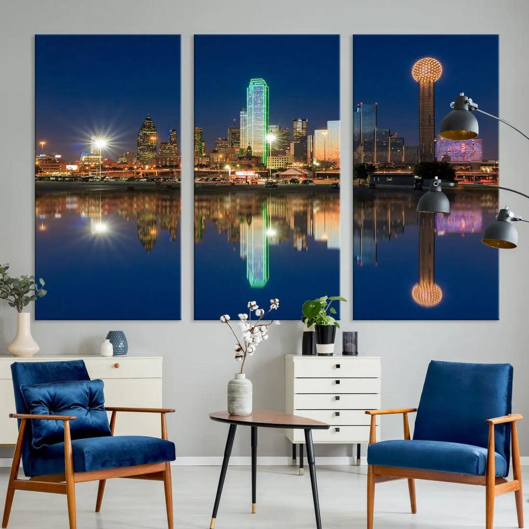 Dallas City Lights Reflections Night Skyline Cityscape Wall Art Canvas Print