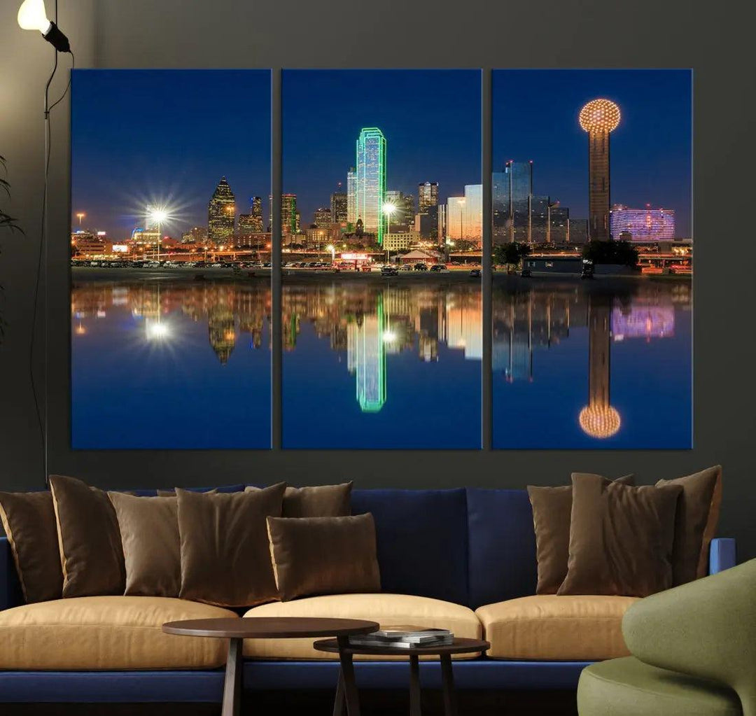 Dallas City Lights Reflections Night Skyline Cityscape Wall Art Canvas Print