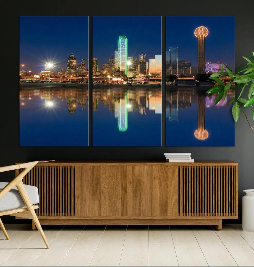 Dallas City Lights Reflections Night Skyline Cityscape Wall Art Canvas Print