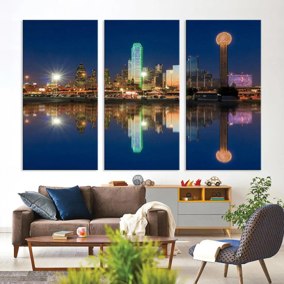 Dallas City Lights Reflections Night Skyline Cityscape Wall Art Canvas Print