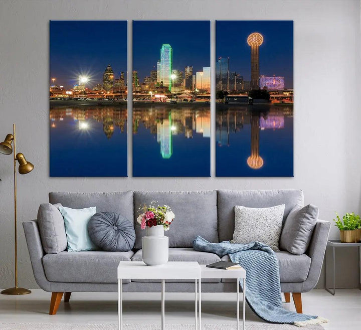 Dallas City Lights Reflections Night Skyline Cityscape Wall Art Canvas Print