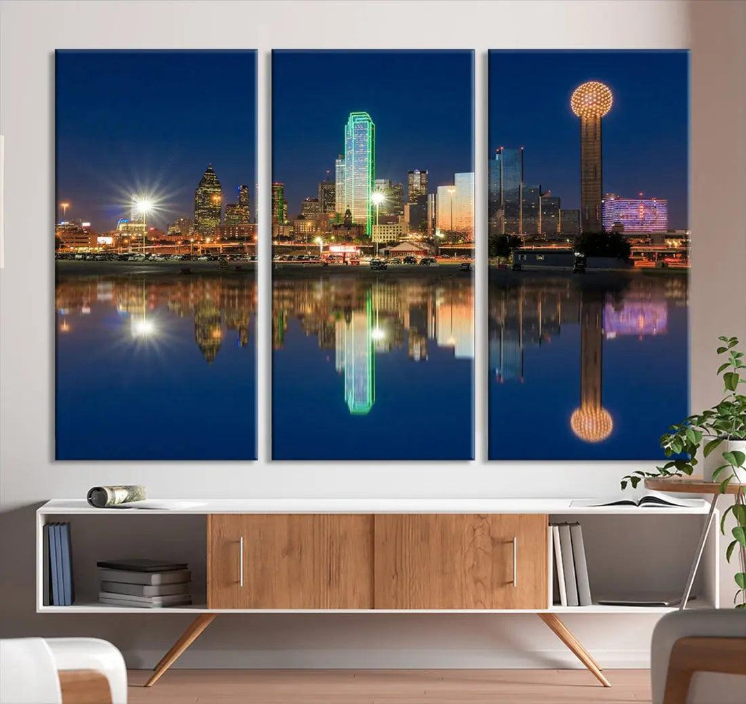 Dallas City Lights Reflections Night Skyline Cityscape Wall Art Canvas Print