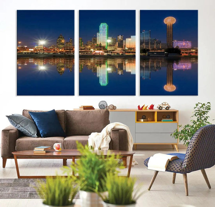 Dallas City Lights Reflections Night Skyline Cityscape Wall Art Canvas Print