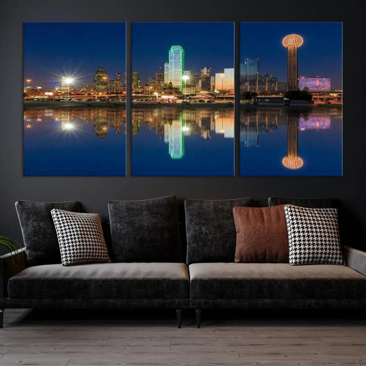 Dallas City Lights Reflections Night Skyline Cityscape Wall Art Canvas Print