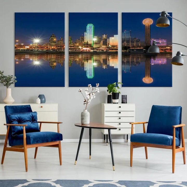 Dallas City Lights Reflections Night Skyline Cityscape Wall Art Canvas Print