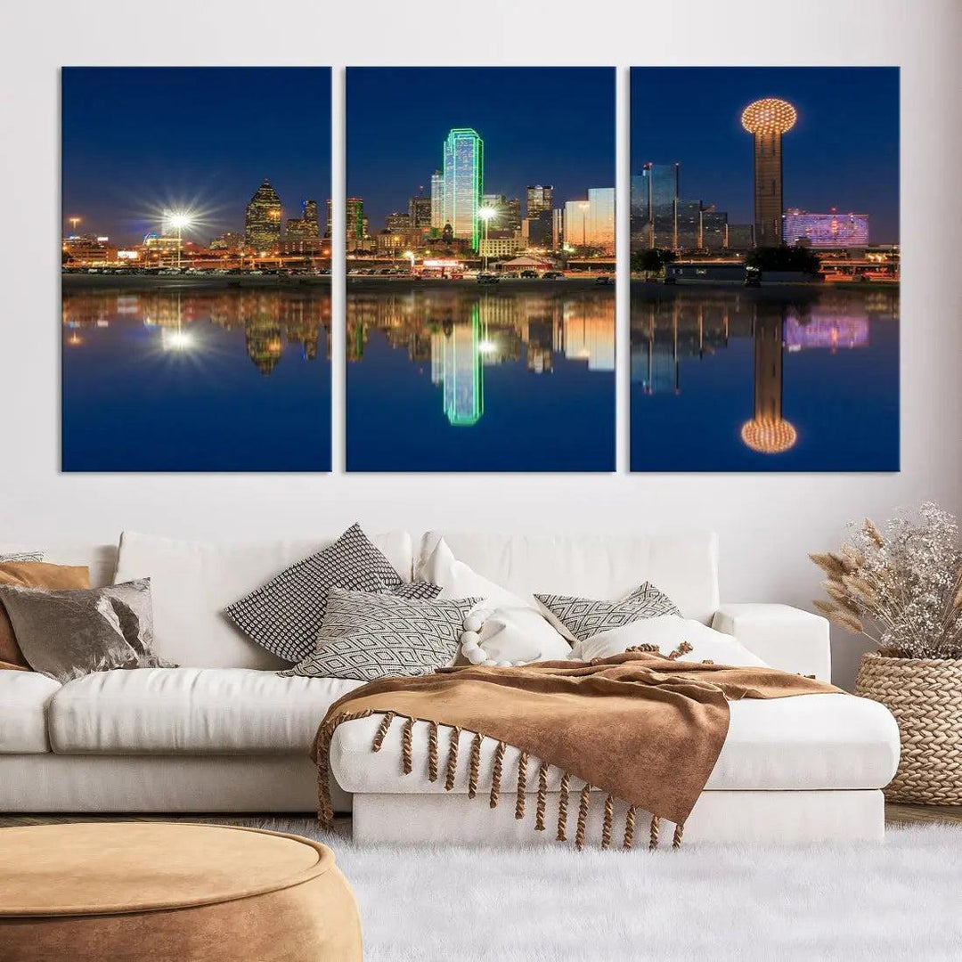 Dallas City Lights Reflections Night Skyline Cityscape Wall Art Canvas Print