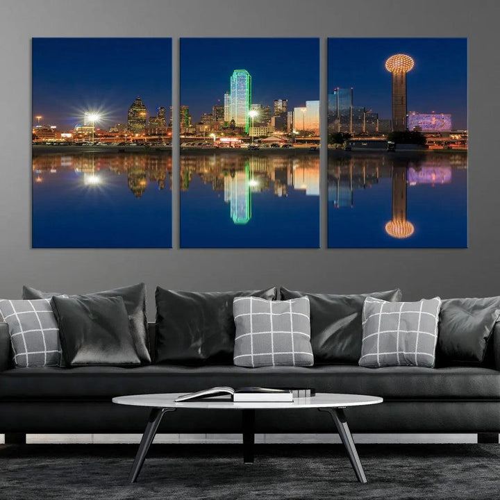 Dallas City Lights Reflections Night Skyline Cityscape Wall Art Canvas Print