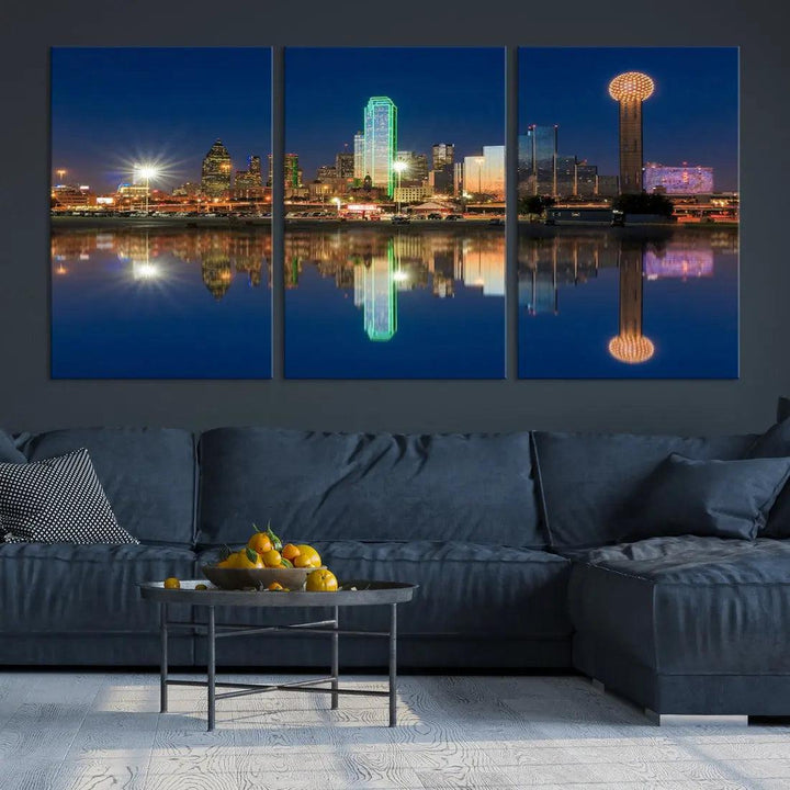 Dallas City Lights Reflections Night Skyline Cityscape Wall Art Canvas Print