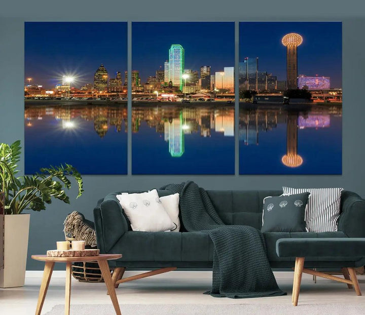 Dallas City Lights Reflections Night Skyline Cityscape Wall Art Canvas Print