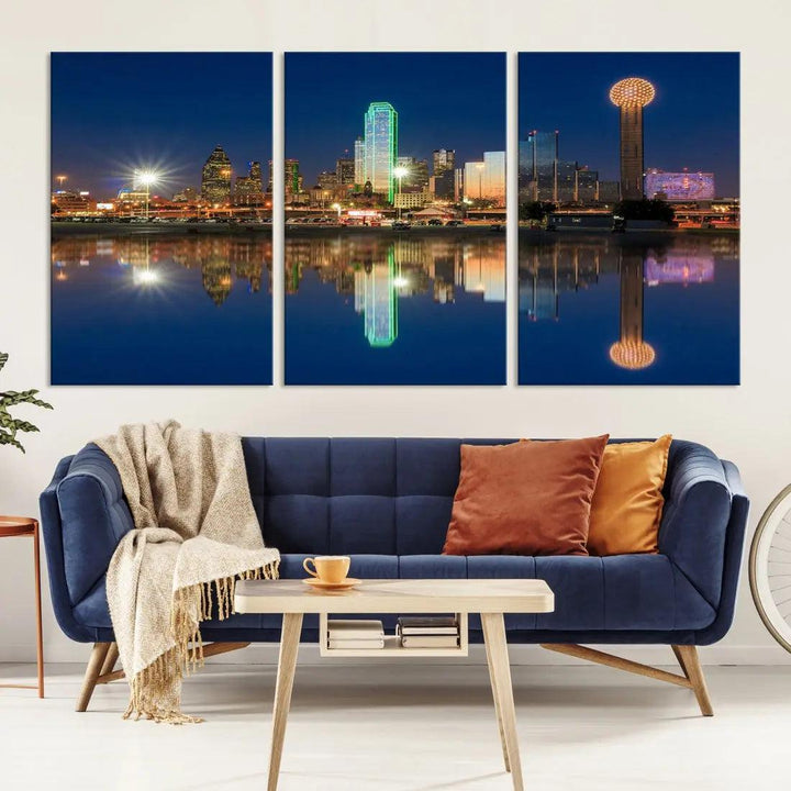 Dallas City Lights Reflections Night Skyline Cityscape Wall Art Canvas Print