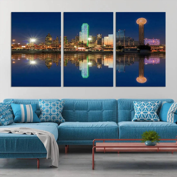 Dallas City Lights Reflections Night Skyline Cityscape Wall Art Canvas Print