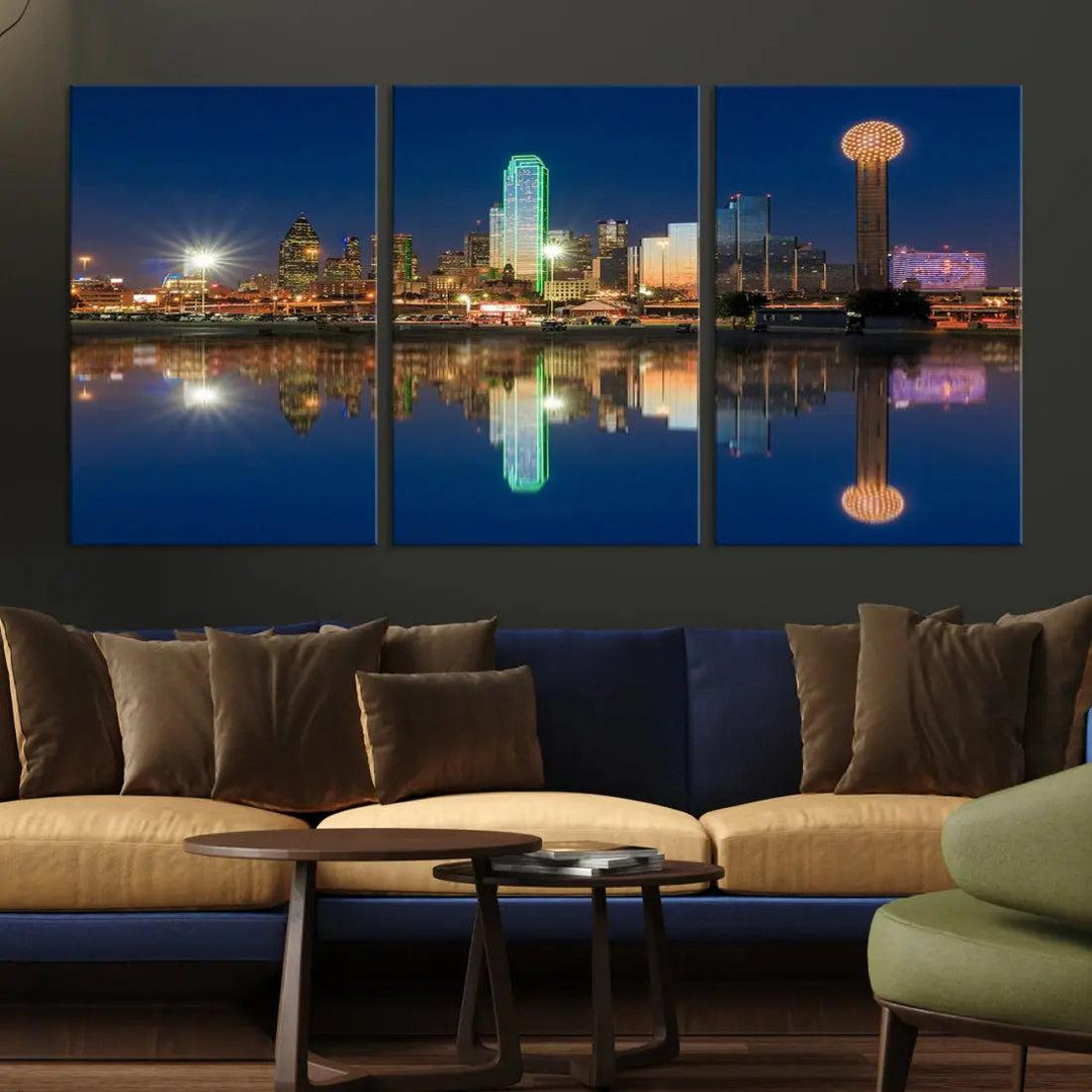 Dallas City Lights Reflections Night Skyline Cityscape Wall Art Canvas Print