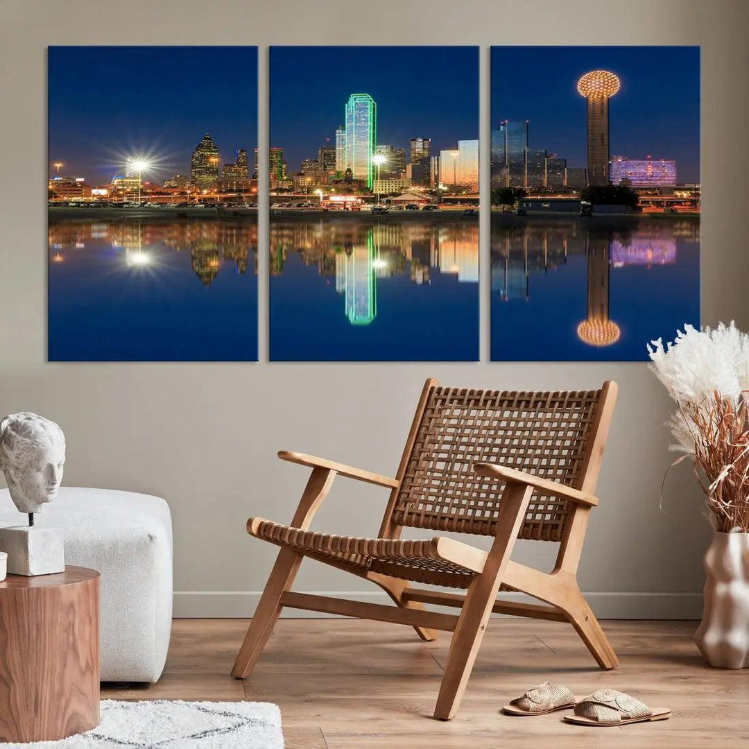 Dallas City Lights Reflections Night Skyline Cityscape Wall Art Canvas Print