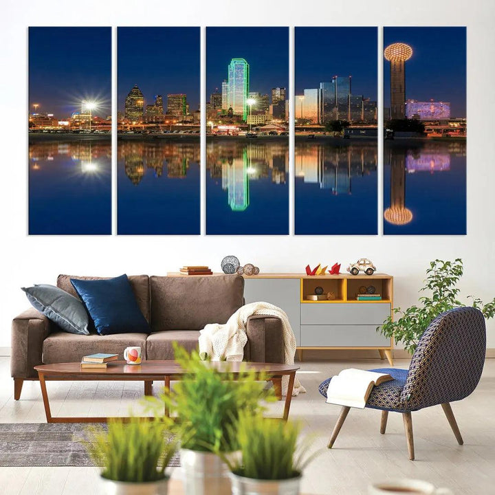 Dallas City Lights Reflections Night Skyline Cityscape Wall Art Canvas Print