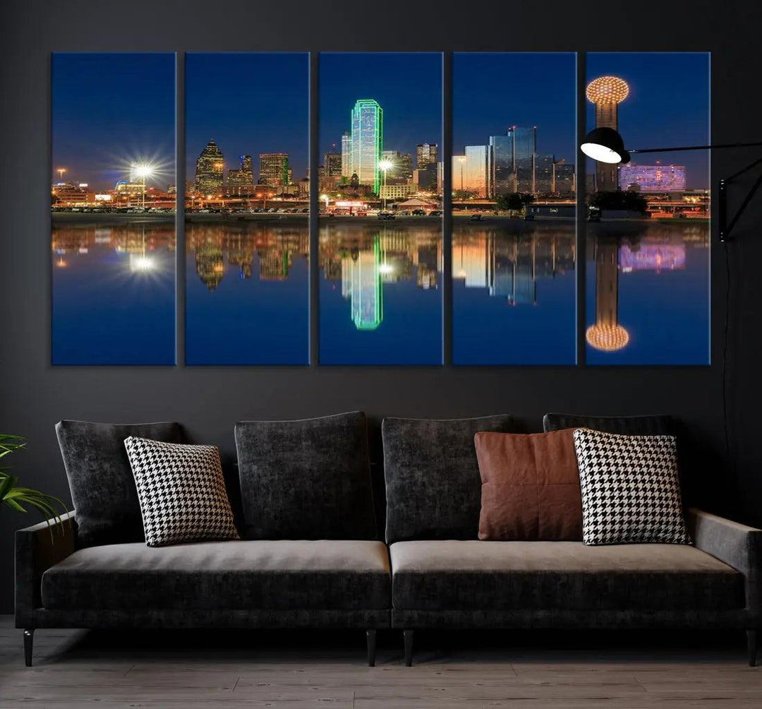 Dallas City Lights Reflections Night Skyline Cityscape Wall Art Canvas Print