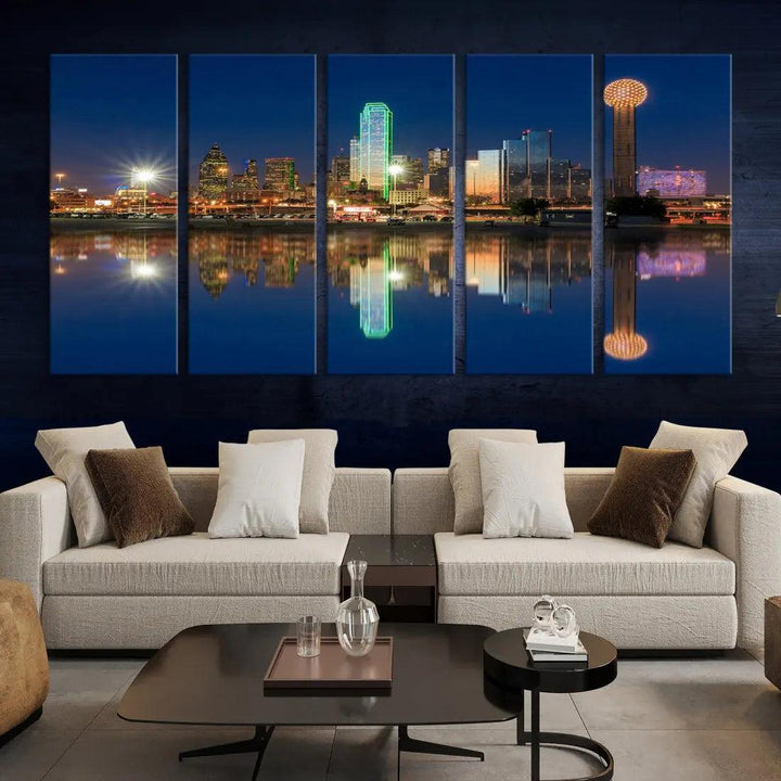 Dallas City Lights Reflections Night Skyline Cityscape Wall Art Canvas Print