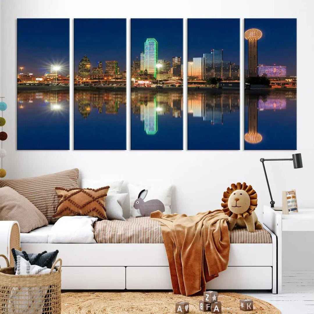 Dallas City Lights Reflections Night Skyline Cityscape Wall Art Canvas Print