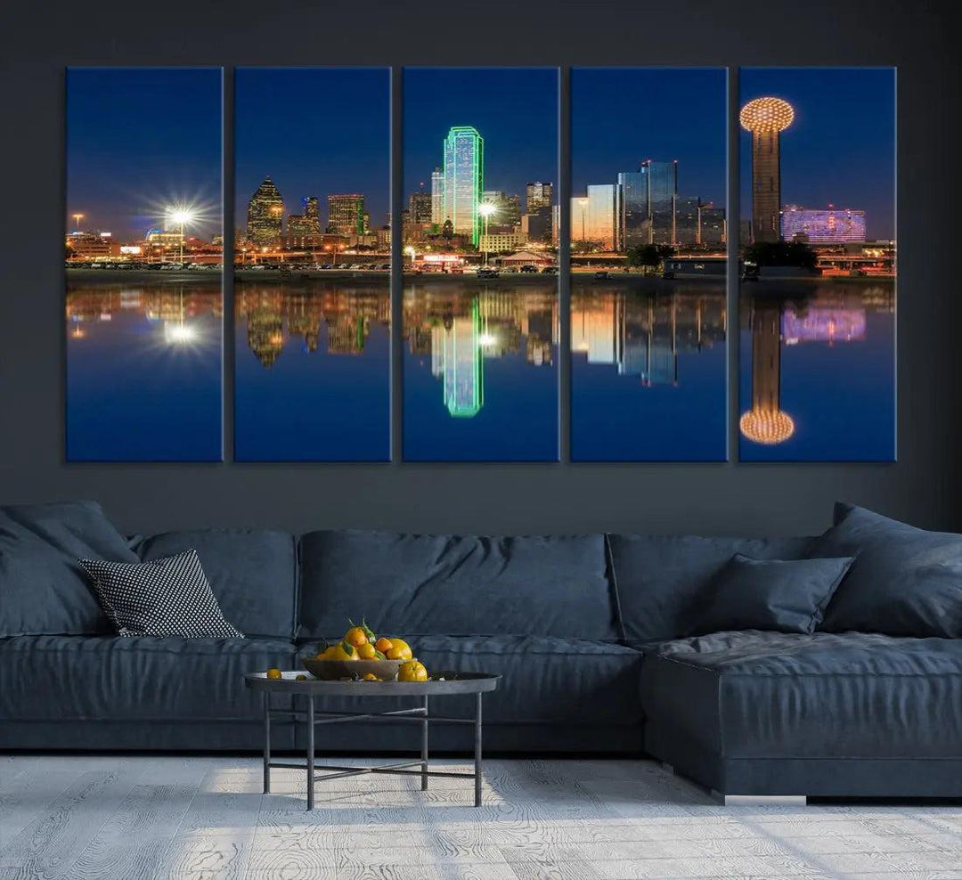 Dallas City Lights Reflections Night Skyline Cityscape Wall Art Canvas Print