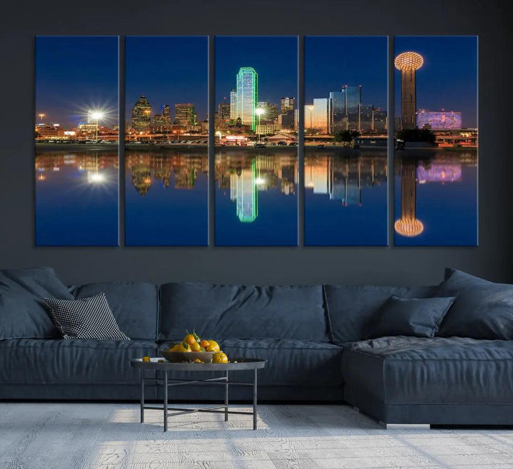 Dallas City Lights Reflections Night Skyline Cityscape Wall Art Canvas Print