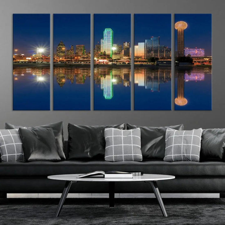 Dallas City Lights Reflections Night Skyline Cityscape Wall Art Canvas Print