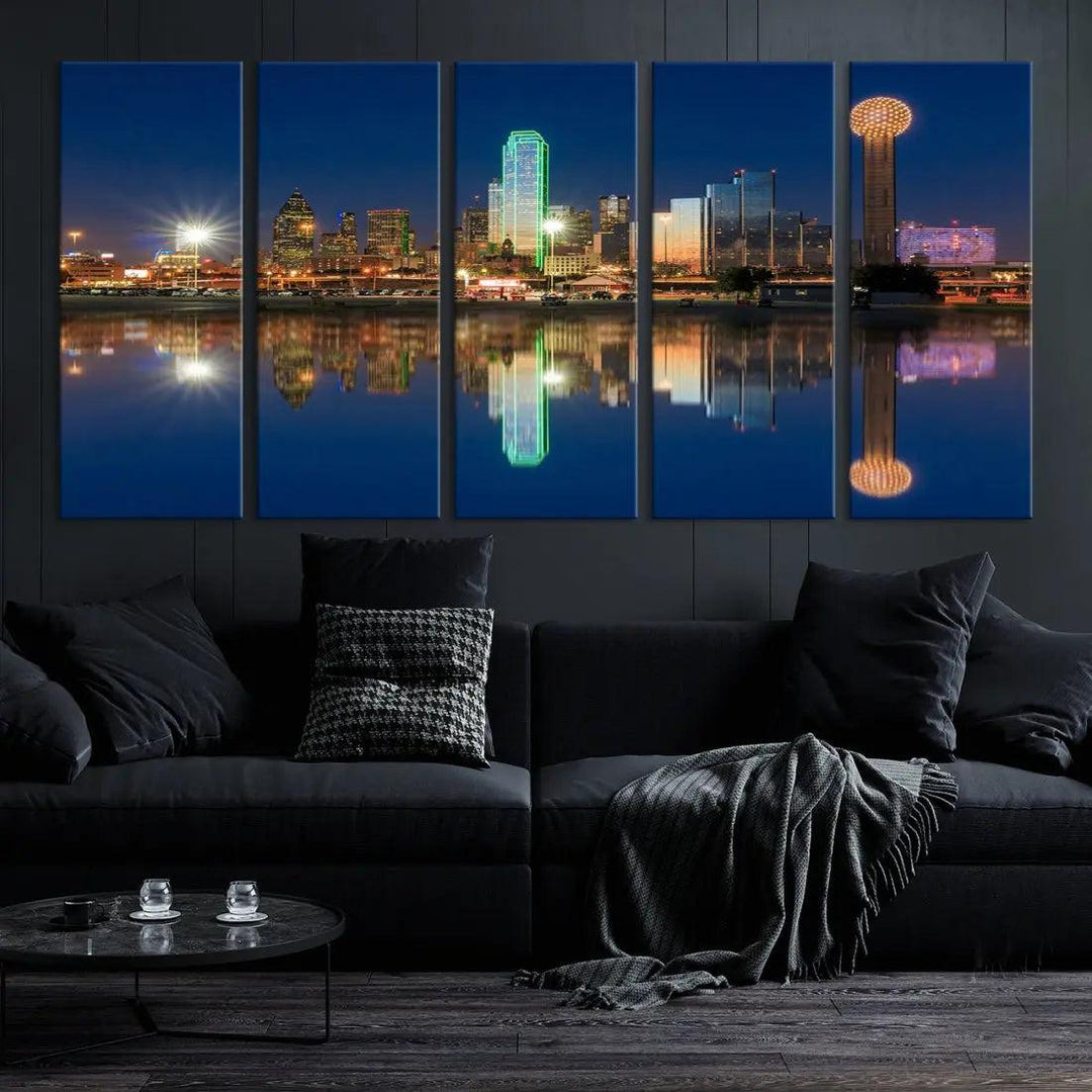 Dallas City Lights Reflections Night Skyline Cityscape Wall Art Canvas Print