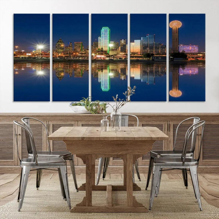 Dallas City Lights Reflections Night Skyline Cityscape Wall Art Canvas Print