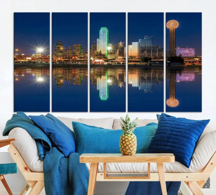 Dallas City Lights Reflections Night Skyline Cityscape Wall Art Canvas Print