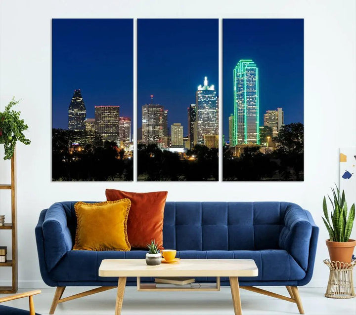 Dallas City Night Blue Skyline Cityscape Framed Wall Art Canvas Print