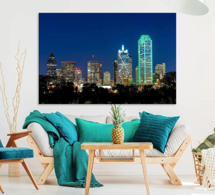 Dallas City Night Blue Skyline Cityscape Framed Wall Art Canvas Print