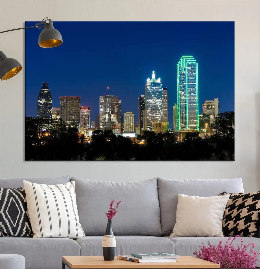 Dallas City Night Blue Skyline Cityscape Framed Wall Art Canvas Print