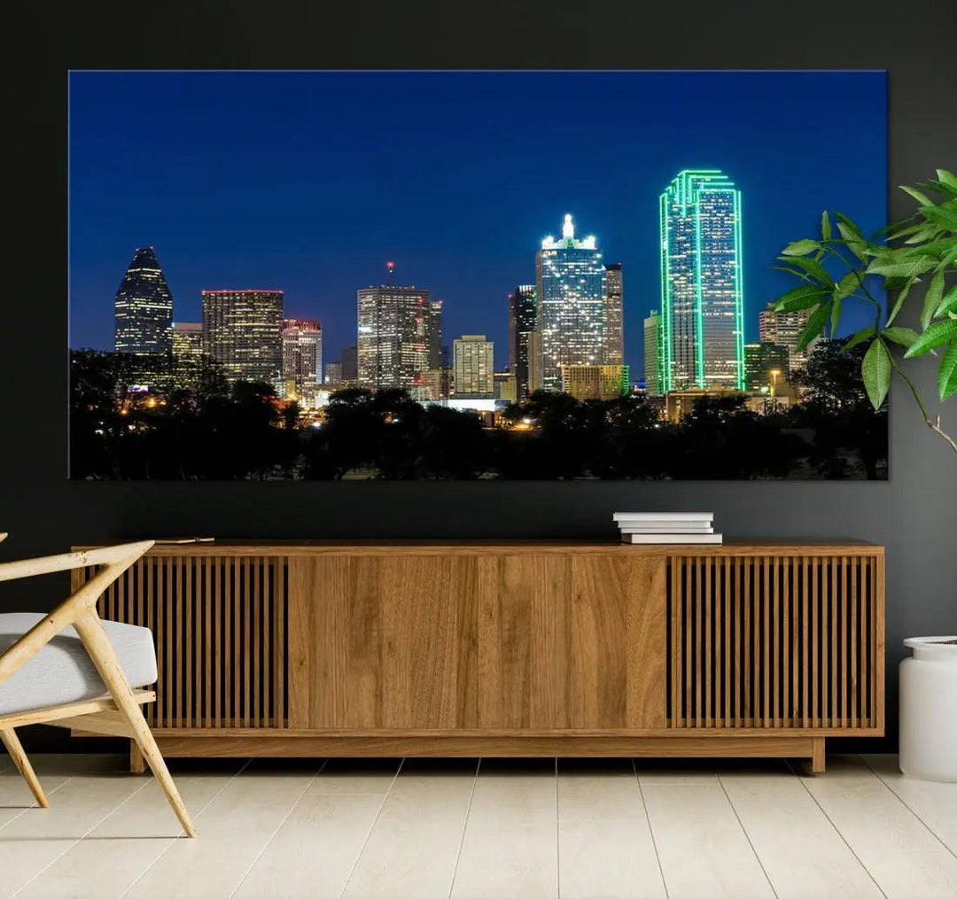 Dallas City Night Blue Skyline Cityscape Framed Wall Art Canvas Print