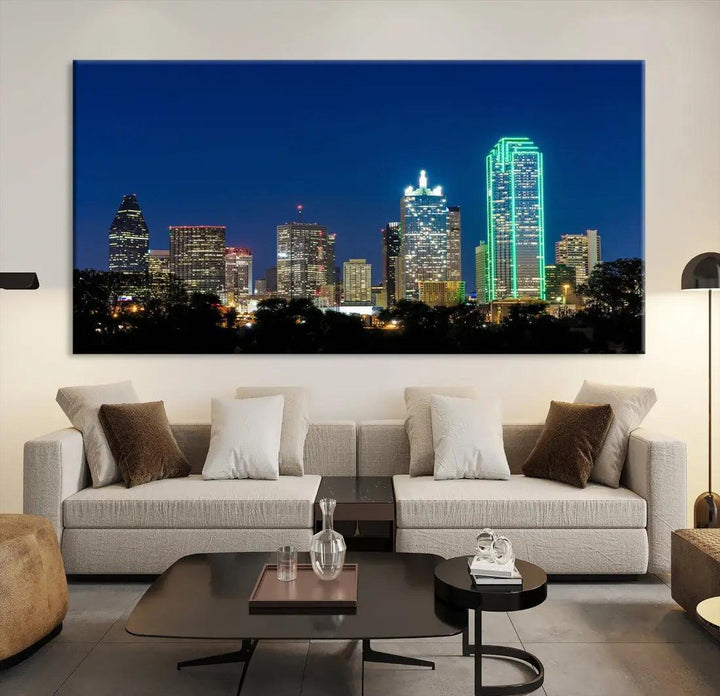 Dallas City Night Blue Skyline Cityscape Framed Wall Art Canvas Print