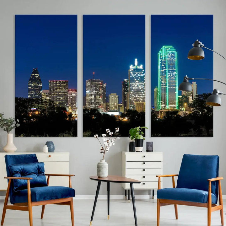 Dallas City Night Blue Skyline Cityscape Framed Wall Art Canvas Print