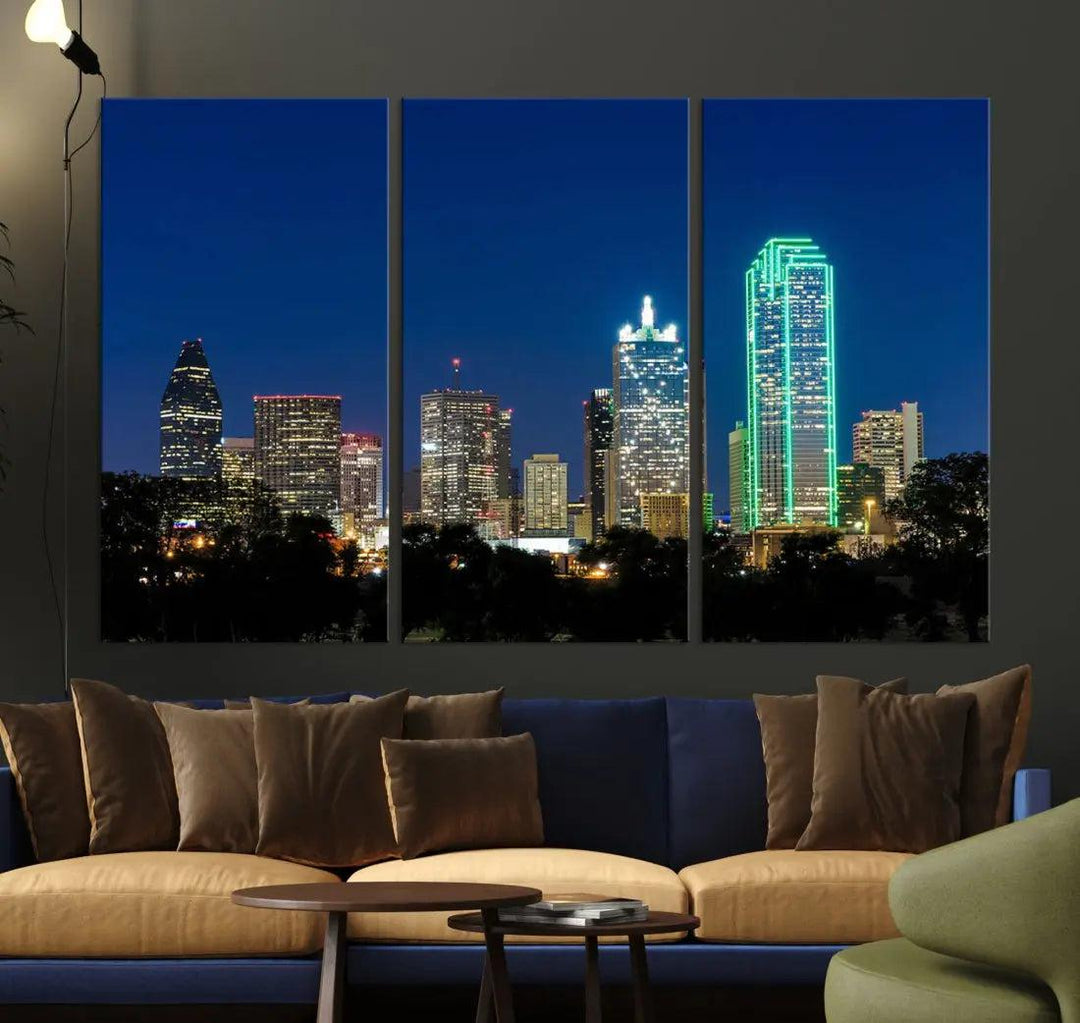 Dallas City Night Blue Skyline Cityscape Framed Wall Art Canvas Print