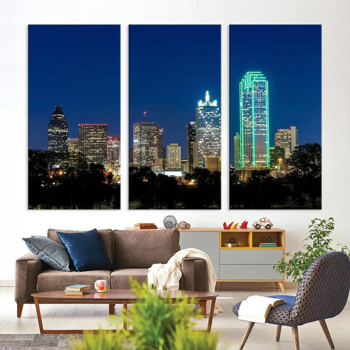 Dallas City Night Blue Skyline Cityscape Framed Wall Art Canvas Print