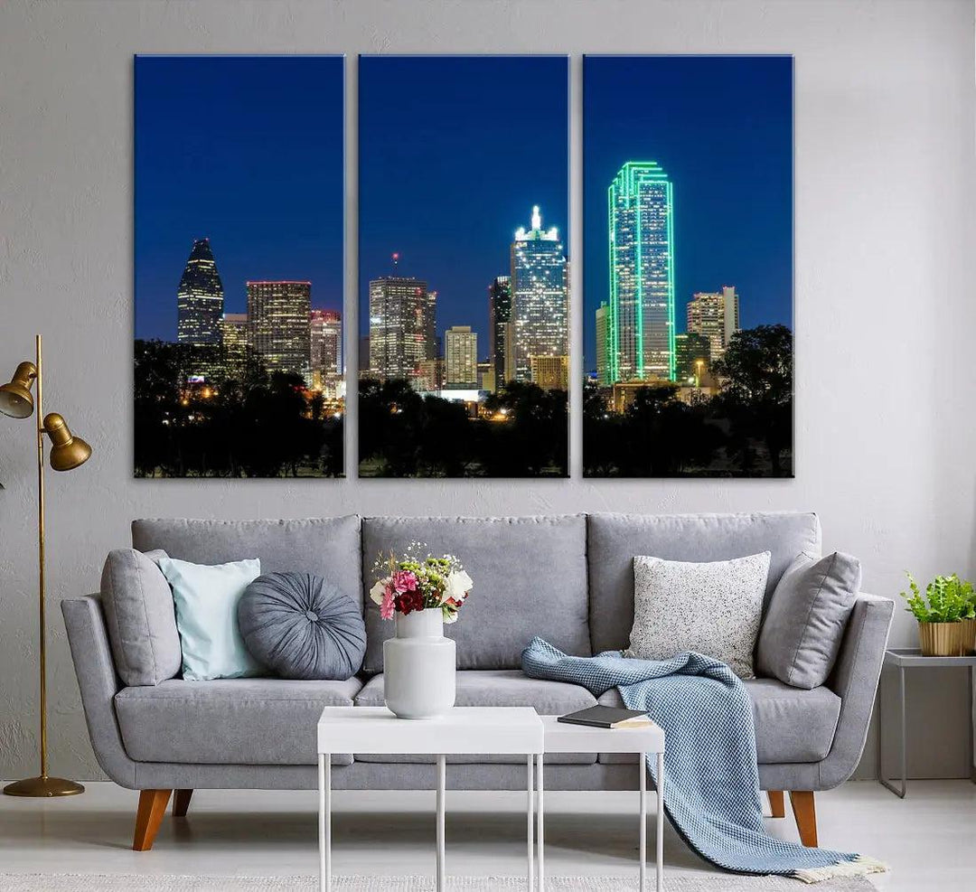 Dallas City Night Blue Skyline Cityscape Framed Wall Art Canvas Print