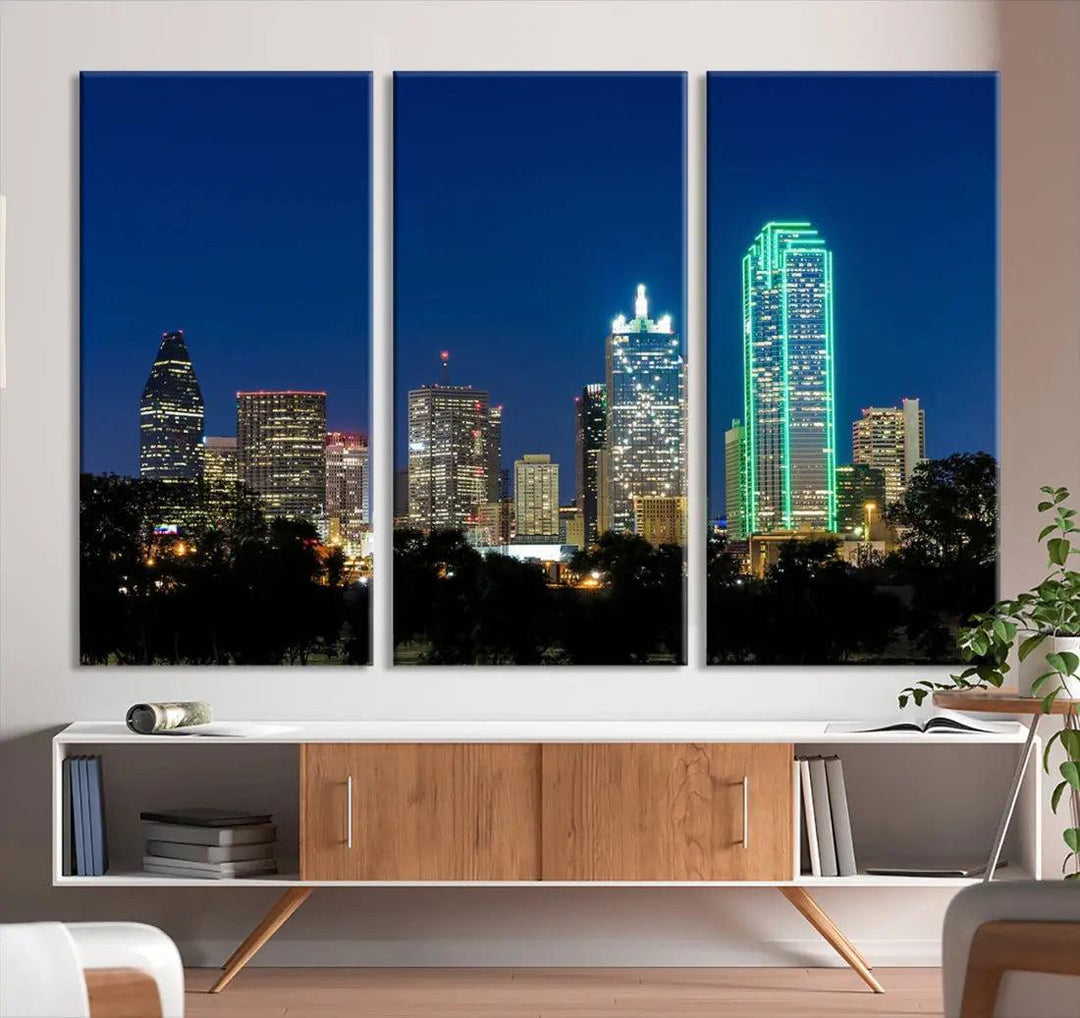 Dallas City Night Blue Skyline Cityscape Framed Wall Art Canvas Print