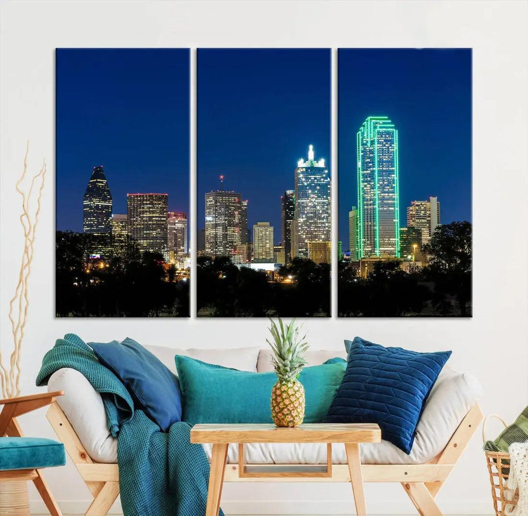 Dallas City Night Blue Skyline Cityscape Framed Wall Art Canvas Print