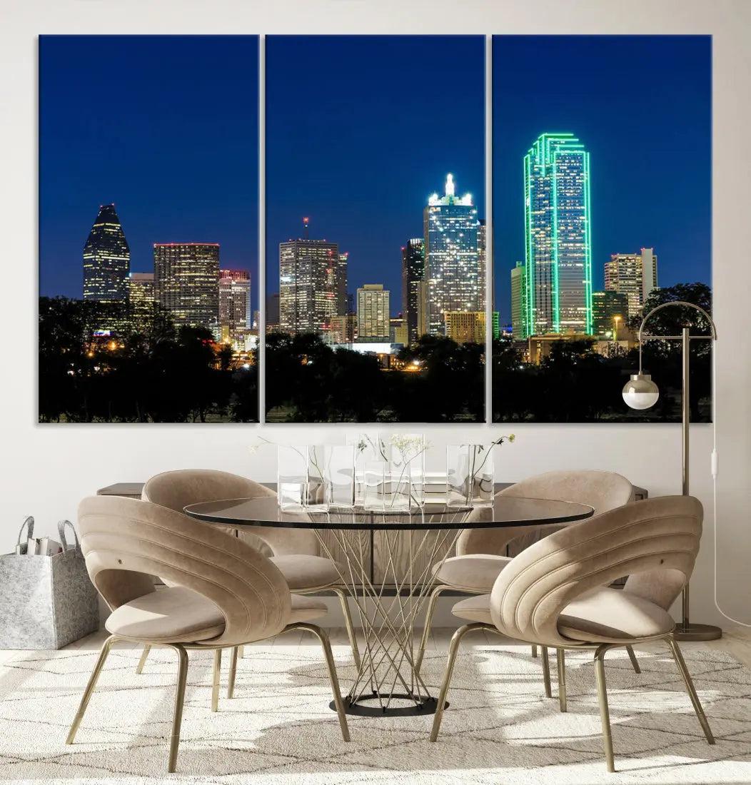 Dallas City Night Blue Skyline Cityscape Framed Wall Art Canvas Print